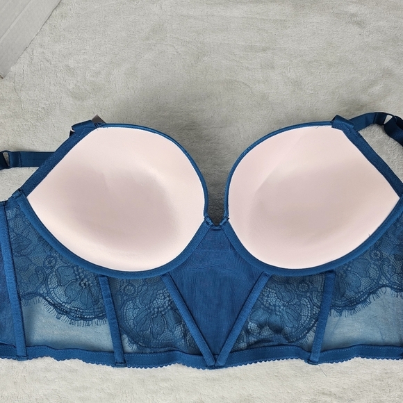 Victoria Secret Teal Lace Corset Bustier Push-Up Bra 38DD Very Sexy Shine Strap - Picture 9 of 14